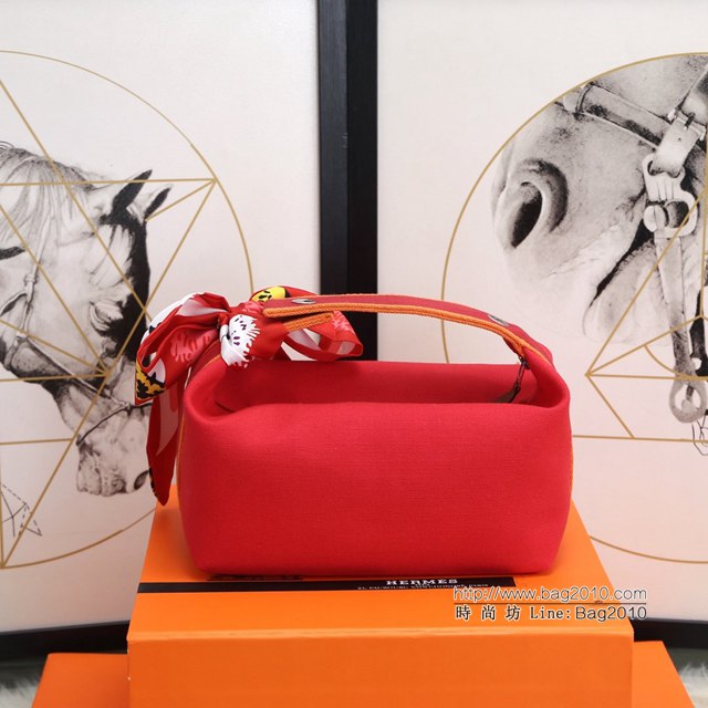 Hermes女包 愛馬仕飯盒包 Trousse Bride-A-Brace Hermes帆布便當包 橙紅  tdh2160